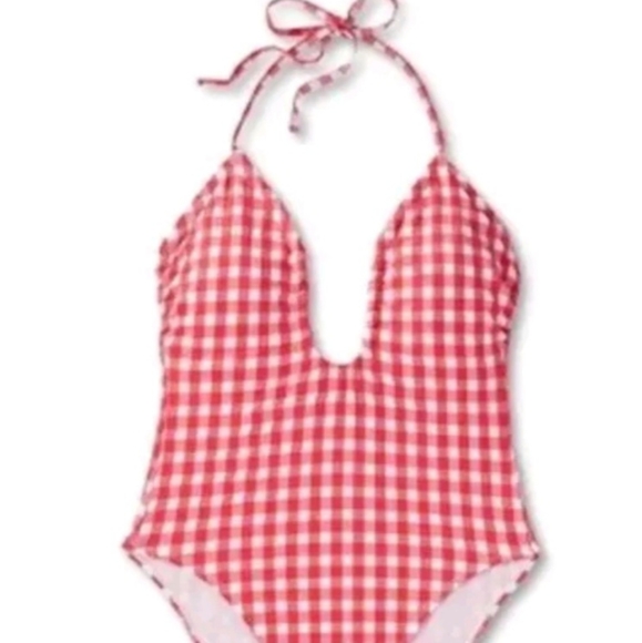 Wild Fable Womens Swimsuit Red Gingham Plaid Cross Halter High Leg - Picture 1 of 7